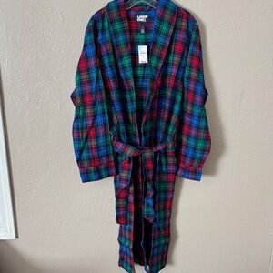 Lands End Mens Flannel Robe, Deep Sea Navy Festive Plaid Small (34-36) Holiday